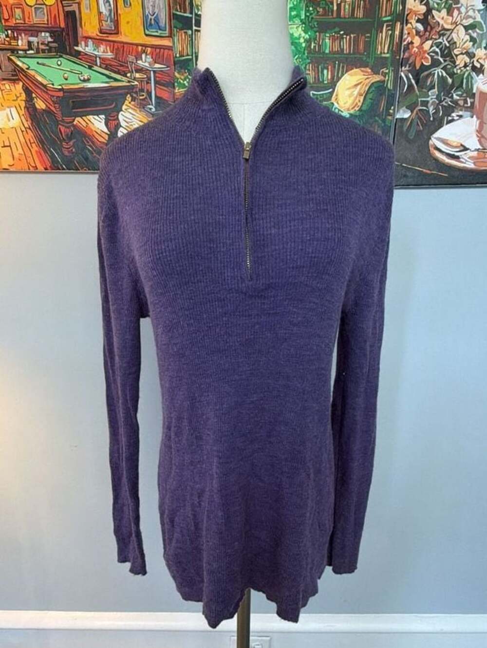 Soft Surroundings Purple 100% Wool Quarter Zip Mock Neck Sweater Size M